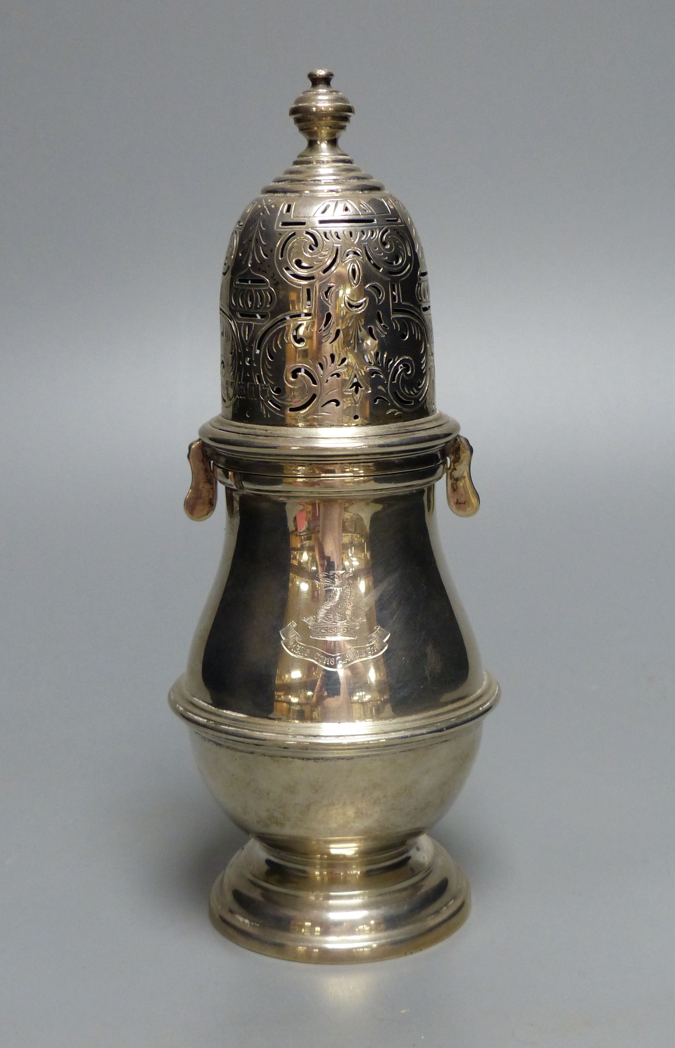 An Edwardian silver baluster sugar caster, Z. Barraclough & Sons, London, 1906, 20.7cm, 11.5oz.